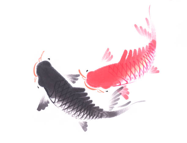 istock Red and black koi carps hand drawn in traditional style 1222227512
