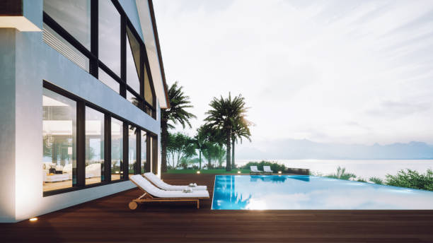 casa di lusso con piscina infinity - swimming pool luxury mansion holiday villa foto e immagini stock