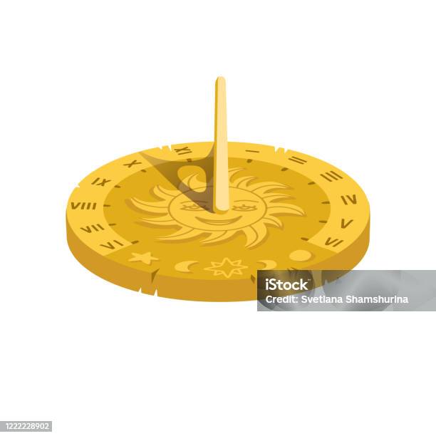 Vector Illustration Of A Sundial Isolate Isomentic Volume Concept Cartoon Sun  Clock On A White Background With Sun Face Decoration And Roman Numerals  Stock Illustration - Download Image Now - iStock