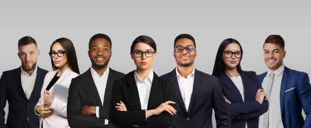 istock Successful business people in formal attire smiling on grey background, collage 1222229115