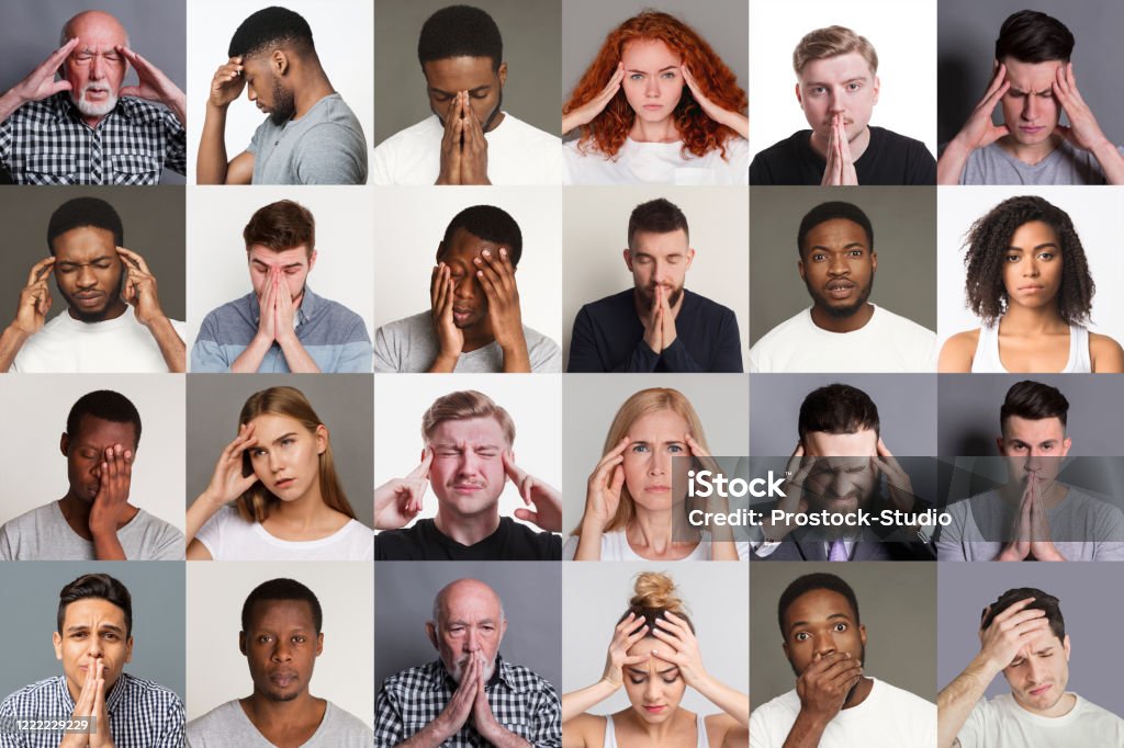 Collage mit verschiedenen Menschen, die unter Kopfschmerzen, Stress oder Problemen leiden - Lizenzfrei Stress Stock-Foto