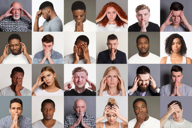 collage con personas diversas que sufren de dolor de cabeza, estrés o problemas - expresión facial fotos fotografías e imágenes de stock
