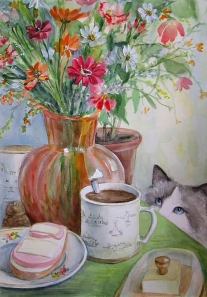 istock watercolor painting illustration with breakfast, flowers and a cat 1222229956