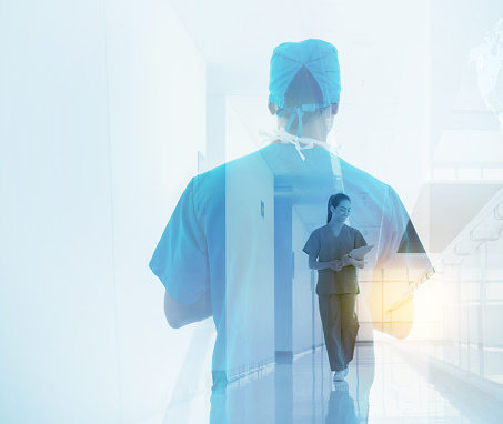 Double exposure of doctors working at the hospital - healthcare and medicine concepts