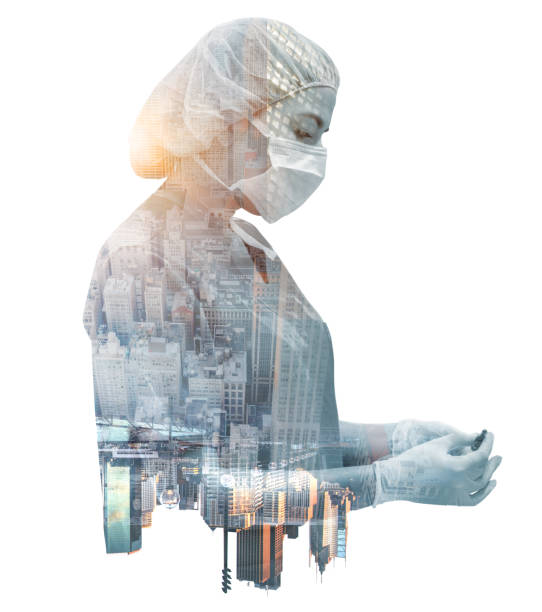 Doctor working in New York during the COVID-19 pandemic Double exposure of a female doctor working in New York during the COVID-19 pandemic and wearing PPE viral infection photos stock pictures, royalty-free photos & images