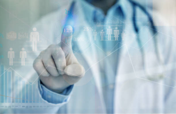 Research doctor pointing on a screen while looking at data on an infectious disease Double exposure of a research doctor pointing on a screen while looking at data on an infectious disease â Pandemic concepts gauge photos stock pictures, royalty-free photos & images