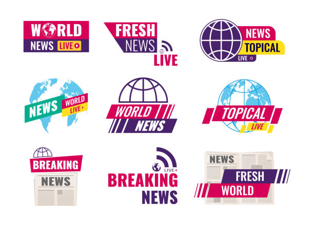 TV title news bar logos. Set of journalism conceptual logo. TV title news bar logos. Set of journalism conceptual logo, emblems, icons, labels. World breaking topical fresh news, television, radio channels. Television channel broadcasting service vector logo tv stock illustrations