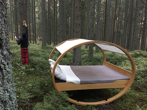 Sustainably made bed is formed from wood and canvas