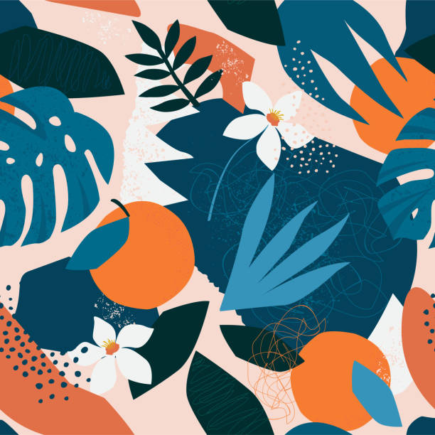 ilustraciones, imágenes clip art, dibujos animados e iconos de stock de collage contemporáneo patrón floral sin costuras. modernas frutas exóticas de la selva y la ilustración de plantas en vector. - fruta ilustraciones