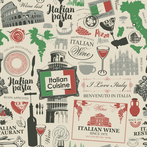 ilustrações, clipart, desenhos animados e ícones de padrão perfeito sobre o tema da culinária italiana - italian cuisine illustrations