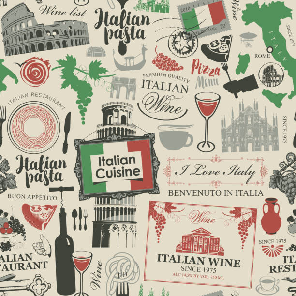 seamless pattern on the theme of Italian cuisine Vector abstract seamless pattern on the theme of Italy and Italian cuisine in the colors of the Italian flag in retro style. Suitable for wallpaper, wrapping paper, fabric pizza designs stock illustrations