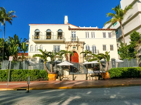 Miami, United States of America - November 30, 2019: The Villa, Casa Casuarina is a property previously owned by Italian fashion impresario Gianni Versace at Ocean Drive in the Miami Beach Architectural District, Florida on November 30, 2019.