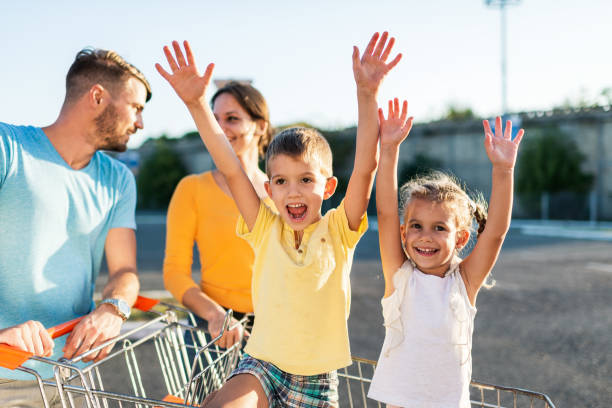 istock Family having fun after grocery shopping 1222237710