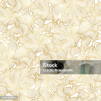 istock Hand Drawn Gold Foil Peony Flower Seamless Pattern Background. Elegant design element for greeting cards (birthday, valentine's day), wedding and engagement invitation card template. 1222238604