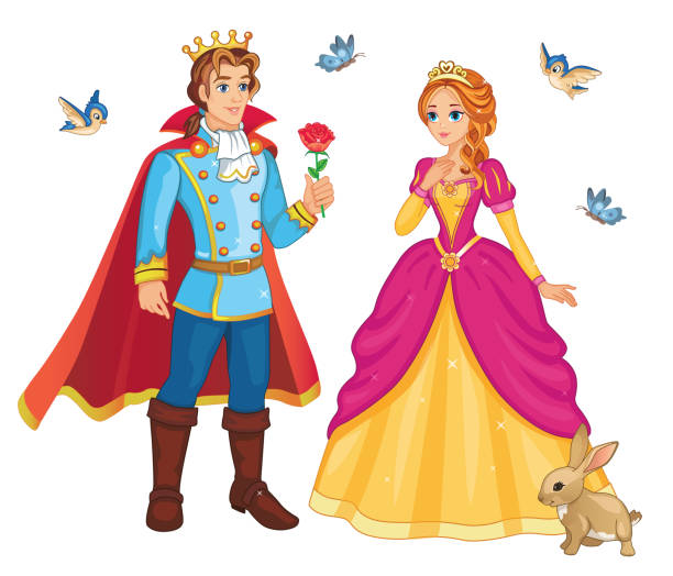 schöne märchen elfprinzessin und prinz mit blume. legen sie zeichen fest. kinder-illustration, für druck und aufkleber. isolierte illustration auf weißem hintergrund. romantische geschichte. wunderland. vektor. - prances stock-grafiken, -clipart, -cartoons und -symbole