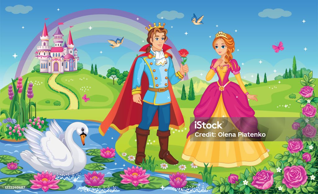 Beautiful Elf Princess Prince Swan King And Queen Fairytale Background  Flower Meadow Castle Rainbow Lake Wonderland Magical Landscape Children  Cartoon Illustration Romantic Story Vector Stock Illustration - Download  Image Now - iStock