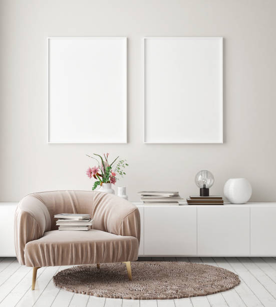 istock mock up poster frame in modern interior background, scandinavian style, 3D render 1222242831