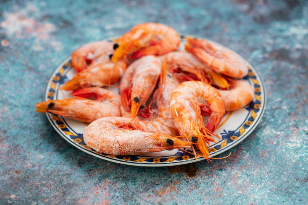 istock frozen shrimps on plate on ceramic background 1222244563