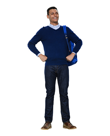 Front view of aged 20-29 years old with black hair african-american ethnicity male standing in front of white background wearing jeans who is in concentration
