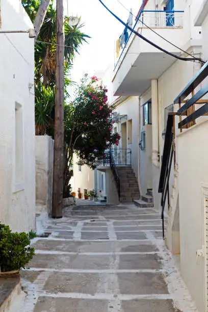Photo of One of the charms of the Greek islands in the heart of the cyclades, are its narrow streets : white houses with small flowered balconies touching almost above paved streets
