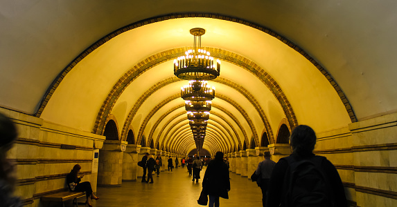Kiev, Ukraine - October 23, 2019: Zoloti Vorota metro station with chandeliers in central Kiev, capital of Ukraine.