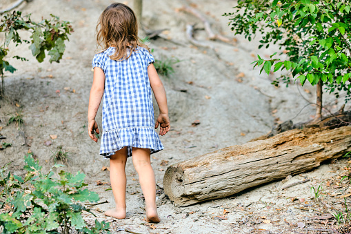 Rear view of a barefooted 3 year old child girl in a summer dress walking in the forest. Seen in Germany in August.