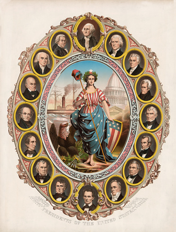 Vintage illustration features the portraits of the first sixteen presidents of the United States, surrounding Columbia (feminized version of Columbus) who is the goddess of liberty and the personification of America. Presidents include George Washington to Abraham Lincoln.