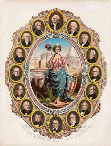 First 16 American Presidents Vintage illustration features the portraits of the first sixteen presidents of the United States, surrounding Columbia (feminized version of Columbus) who is the goddess of liberty and the personification of America. Presidents include George Washington to Abraham Lincoln. us president stock illustrations