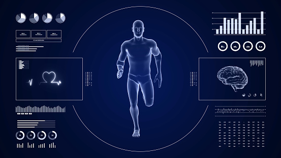 HUD display monitoring cardio running activity of man. Human male figure 3d in fitness motion. Infographics data and reports on digital sport interface.
