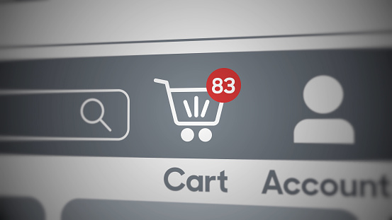 Online shopping, 3D. Close-up on conceptual web store page, cart with counter. E-commerce concept.