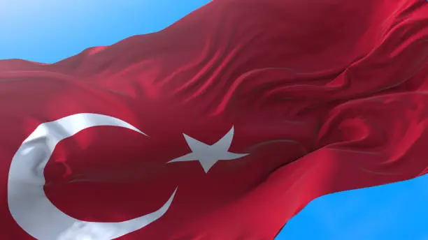 Turkey flag waving in wind Turkish background. Istambul background