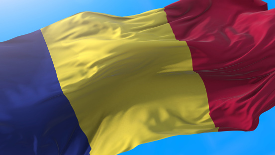 Romania flag waving in wind Realistic Romanian background. Romania background