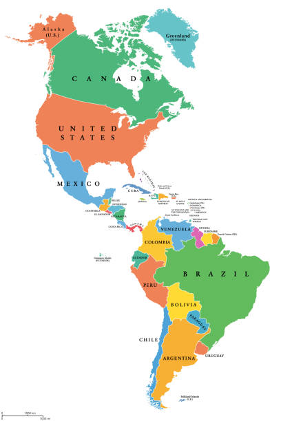 The Americas, single states, political map with national borders The Americas, single states, political map with national borders. Caribbean, North, Central and South America. Different colored countries with English country names. Illustration over white. Vector. north stock illustrations