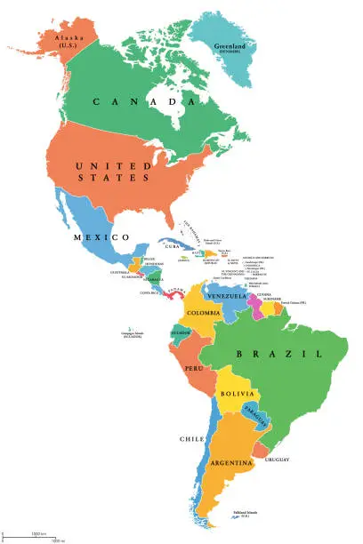 Vector illustration of The Americas, single states, political map with national borders