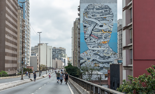 Sao Paulo city, Sao Paulo state, Brazil - October 06, 2019:Well known as Minhocão, the viaduct is closed to car traffic every Sunday