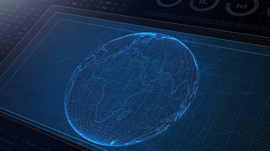 HUD display monitor 3d. Planet earth rotating and orbit on complex connected network..