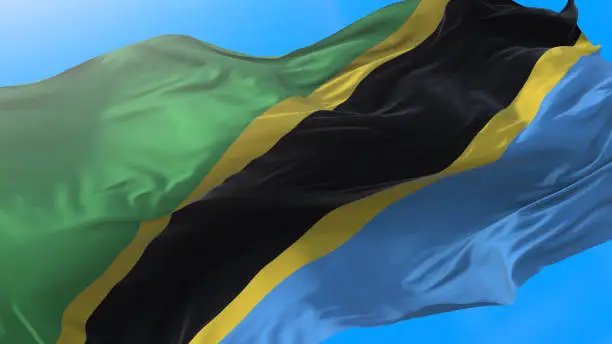 Tanzania flag waving in wind Tanzanian background. Tanzania background