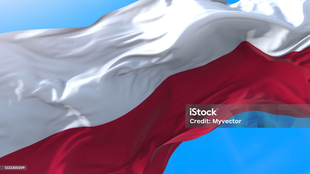 Creative illustration Poland flag waving in wind Realistic Polish or Deutsche background. Poland background "t Polish Flag Stock Photo