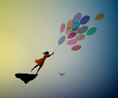 childhood dream concept, girl silhouette flying on the air baloon and flying up to the sky with flock of flying birds, dreamer, flight to the dreamland, shadow story vector