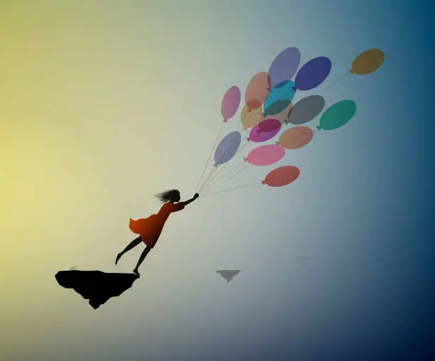 Vector illustration of childhood dream concept, girl silhouette flying on the air baloon and flying up to the sky with flock of flying birds, dreamer, flight to the dreamland, shadow story vector