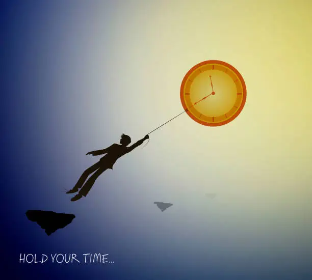 Vector illustration of concept of the best time memories, man silhouette holding the clock like sun on the heavens sky, vector