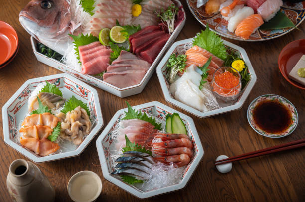 istock traditional japanese sashimi paltes with sushi 1222252311