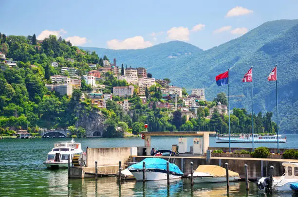 View of Lugano lake and Lugano city in Switzerland