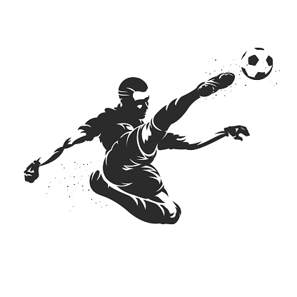 Soccer player silhouette volley kick on gray background
