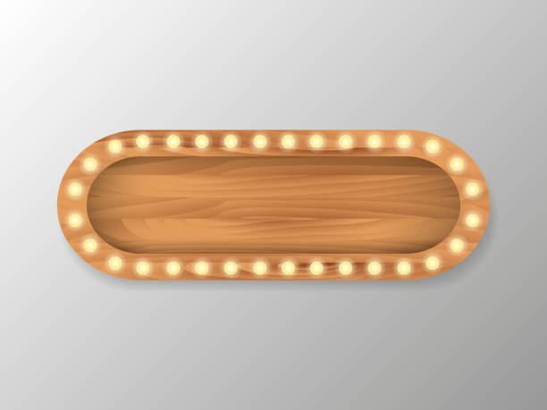 istock Brown wooden board with light bulbs on a wall. Vector stock illustration for card or banner 1222255533