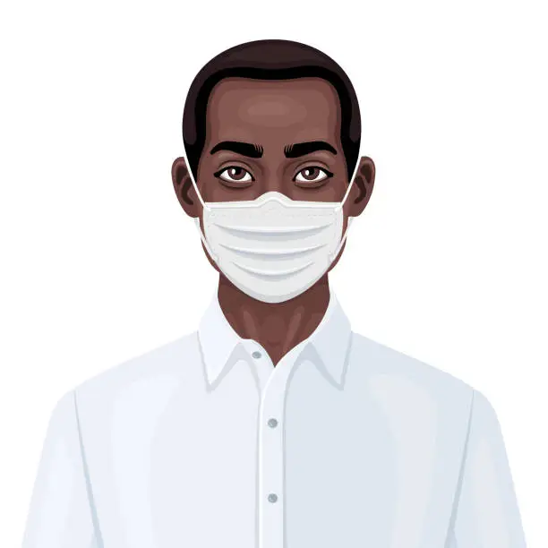Vector illustration of African-American man wearing a protective face mask to prevent virus infection.