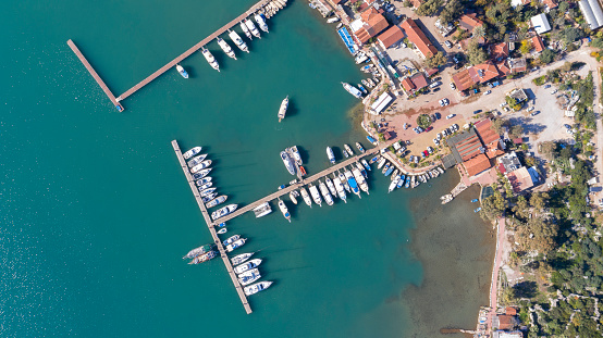 Aerial view of Kekova town and sailing vessels in Turkey.