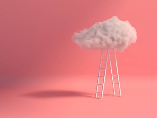 istock Stair With Cloud Floating on pink room background. Minimal Creative idea concept. 3D render 1222261175