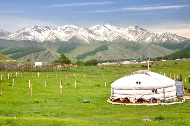 The ger camp in a large meadow at   Naryn of Kyrgyzstan stock photo