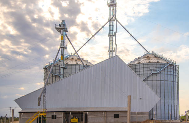 istock Metallic warehouse. Grain storage silo. Soy deposit. 1222269300